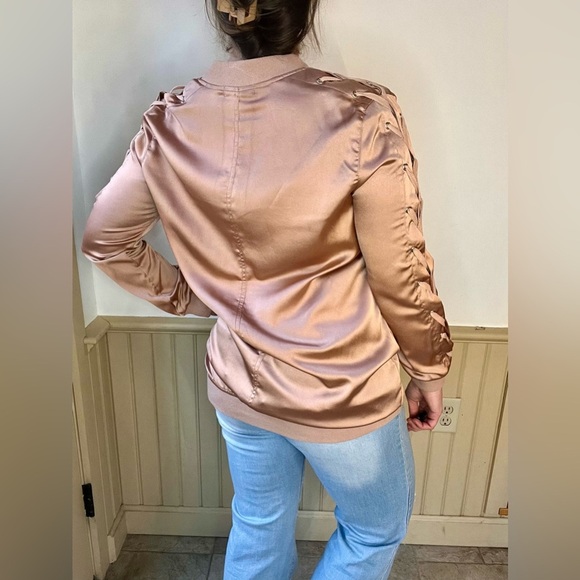 Carli Bybel Missguided Lace Up Arm Satin Long Bomber Jacket Tan Sz 8 Relaxed Fit - Picture 7 of 13